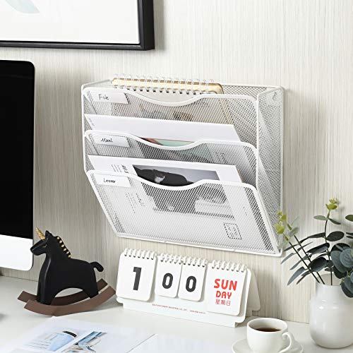 EasyPAG 3 Pocket Mesh Wall File Organizer, Hanging Paper Folder Holder with Classify Label, Vertical Wall Mount Mail Organizer for Office Home Classroom, White - color: White, size: 3 Tier