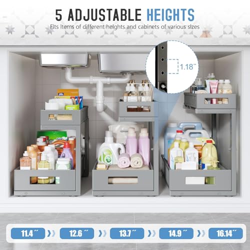 2 Pack 17IN Depth Under Sink Storage Organizer, Large 2-Tier Elegant Mesh Pull Out Shelf for Kitchen and Bathroom Cabinet Organization, L-Shaped and Adjustable Height Design-Gun Gray - color: Gun Gray, size: 2 Pack-17"Dx11.4"-16.14"H