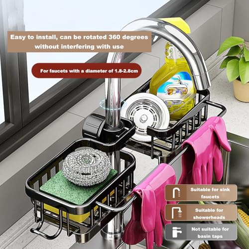 Sink Organizer Rack for Kitchen and Bathroom,Stainless Steel Detachable Hanging Faucet Drain Rack with Drip Tray Faucet Sponge Holder for Bathroom (Black, L&R as One) - size: L&R as One