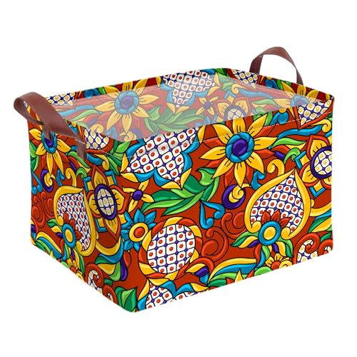 Mexican Talavera Storage Basket Waterproof Canvas Toy Storage Bin Mexican Decor Collapsible Outdoor Basket with Leather Handles Talavera Decor Blanket Baskets For Closets,Bedrooms,Gifts Baskets - color: Mexican Talavera