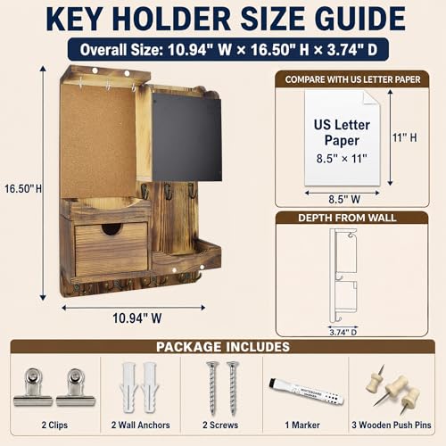 Key Holder Wall Mount， Mail Organizer Key Holder for Wall with Shelf, Drawer, Chalkboard, Corkboard, Home Decor Wall Mounted for Room Entryway(Natural Wood) - color: Natural Wood, size: Vertical