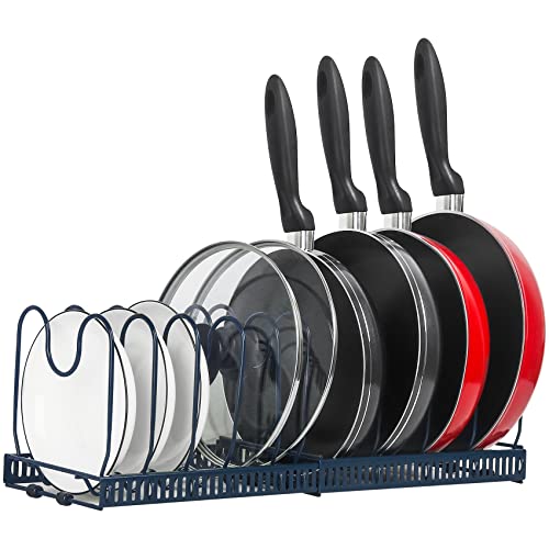 ROOHUA Expandable Pot and Pan Organizer - Cabinet Pot Lid Holder with 10 Adjustable Compartments for Cookware, Baking, Frying (Dark Blue, 10) - color: Dark Blue