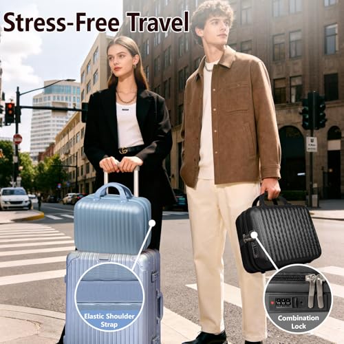 14 Inch Makeup Train Case with Lock Hard Shell Cosmetic Travel Case w Elastic Strap, ABS Portable Toiletry Bag for Toiletries Make up Storage Case Gift for Women Adult - color: Blue, size: 14 Inch