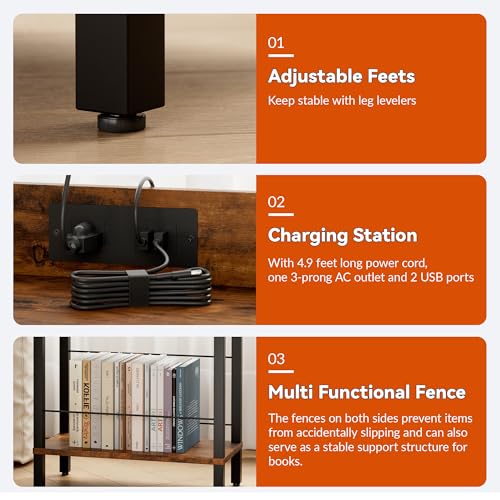 DGSANDGO Narrow Side Table (Rustic Brown) - Nightstand with Charging Station (2 USB + 1 AC Outlet) & Drawer, Mute Wheels for Balcony/Kid’s Room/Bedroom - color: Rustic Brown, size: Drawer Wide-24.4"H 1 PC