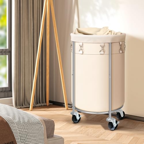 Laundry Hamper with Wheels, 100L Round Rolling Laundry Basket Sorter with Removable Bag, Clothes Cart Organizer with Steel Frame for Bedroom, Bathroom, Laundry Room, Beige - color: Beige