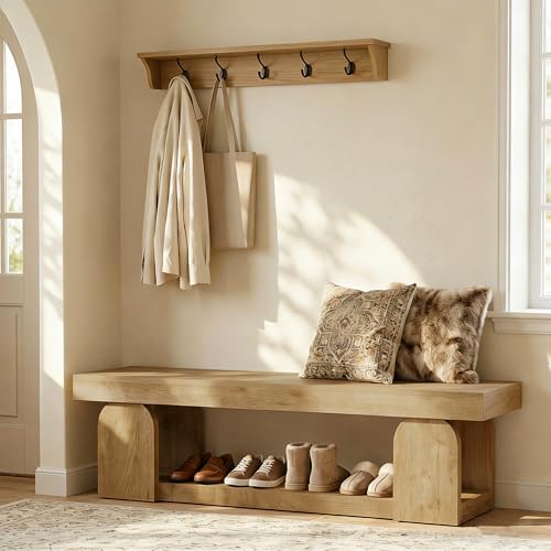 Tribesigns 63-Inch Long Entryway Bench, Farmhouse Entry Shoe Bench with Storage Shelf, Wooden Indoor End of Bed Bench Seat for Bedroom, Hallway, Foyer, Natural