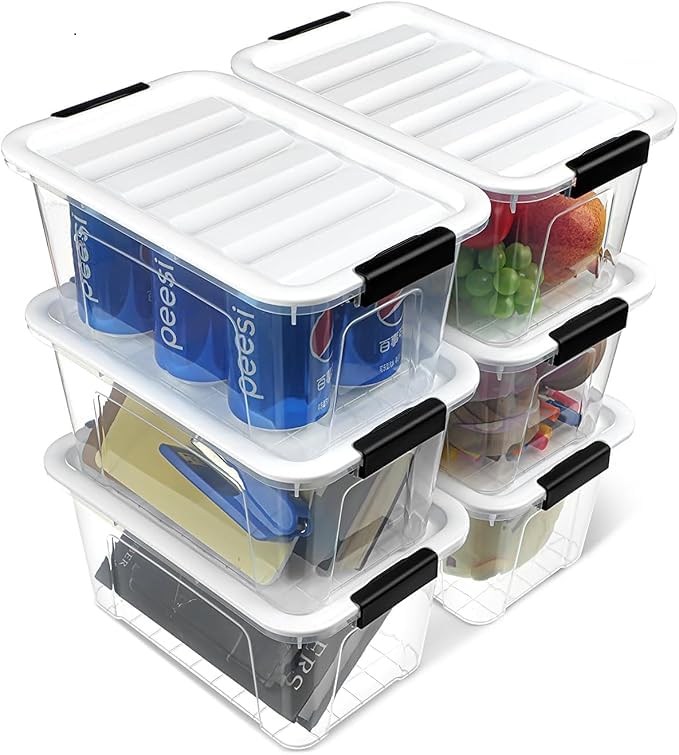 EOENVIVS Plastic Storage Bins with Lids 6 Pack, 7 Quart Storage Containers with Black Buckle Latch, Stackable Storage Containers for Home Pantry Office Classroom Organization, White - color: White