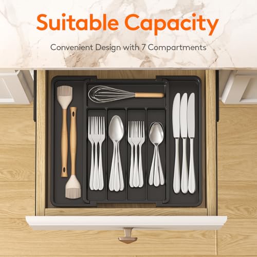 Lifewit Expandable Silverware Organizer, Plastic Utensil Tray for Kitchen Drawer, BPA Free Flatware Cutlery Holder, Space-Saving Storage for Spoons Forks Knives, 8.5-14 x 12 x 1.5 inch, Black - color: Black, size: Medium (8.5-14''W x 12''D)