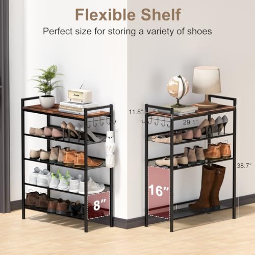 Refrze Shoe Rack for Front Door Entrance, 5 Tier Height-Adjustable Metal Shoe Rack, Sturdy Wooden Top and Tiltable Steel Frame Heavy Duty Shoe Organizer for Bathroom,Bedroom,Kitchen，Include Hook - color: Brown + Black, size: 5-Tier (11.8"D x 29.1"Wx 38.7"