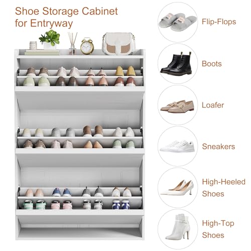 GarveeHome Shoe Cabinet with 3 Flip Drawers, Wooden Shoe Organizer with Adjustable Shelf, Shoe Storage for Entryway, Hidden Shoe Cabinet for Hallway, Living Room, White - color: White, size: 3-Drawers
