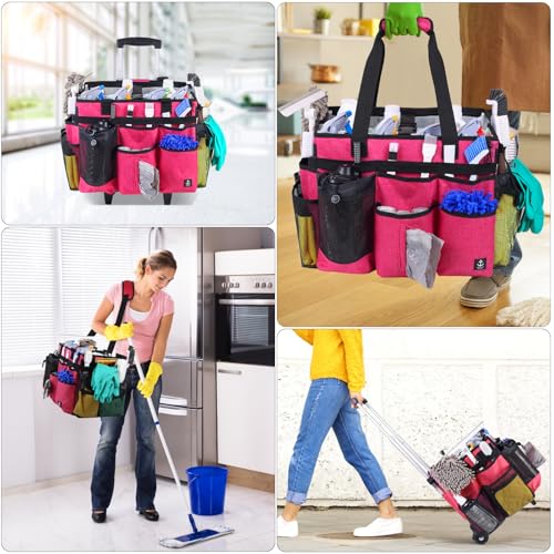 Extra large Rolling Cleaning caddy bag Built-in Hard Support Board,Cleaning Cart with Detachable Trolley, Housekeeping Cleaning caddy with Adjustable Shoulder Strap and Multiple Storage Pockets - color: Rose Red