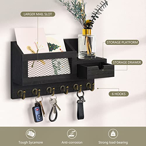 FifthQuarter Key and Mail Holder for Wall, Mail Organizer Wall Mount with 6 Hooks and Storage Drawer, Easy Installation Key Rack for Entryway and Home Decor (B-Black) - color: B-Black