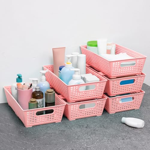 Tiawudi Stackable Woven Plastic Basket, Storage Bins for Cabinet, Closet, Shelf, Under Sink and Countertop, Pantry Organizer Bins, 6 Pack - color: Pink