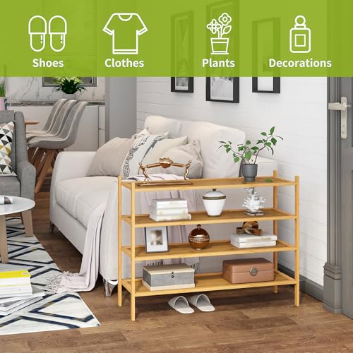 BMOSU 4-Tier Bamboo Extended Shoe Rack Premium Stackable Shoe Shelf Storage Organizer for Hallway Closet Living Room Entryway Organizer(Natural) - color: Natural, size: 4-Tier Long（33.3*11*25.2inches）