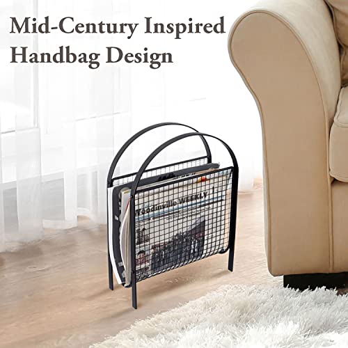 MyGift Mid-Century Design Magazine Rack, Matte Black Tone Metal Mesh Freestanding Magazine Organizer Holder Sling - color: Black