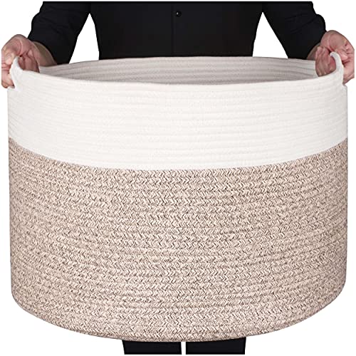 MINTWOOD Design Extra Large 22 x14 Inches Decorative Woven Cotton Rope Blanket Storage Basket Bin Living Room and Laundry Hamper for Pillows, Pool Towels, Dog Toys, Shoes, Light Brown - color: Light Brown