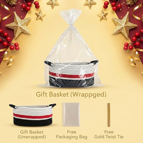 Yimi's Dream Cotton Rope Basket – Woven Gift Basket with Handles, Decorative Storage Basket for Christmas, Housewarming, Mother's Day, Shelf, Chest, Toys - color: red&black with black handle, size: Oval - 12"x8"x5"