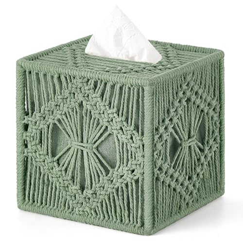 Mkono Tissue Box Cover Macrame Square Open-Bottom Tissue Box Holder Boho Decor Tissue Organizer Bohemian Handmade Woven Tissue Cube Box for Bathroom Bedroom Dresser Living Room Office Dorm, Green - color: Green