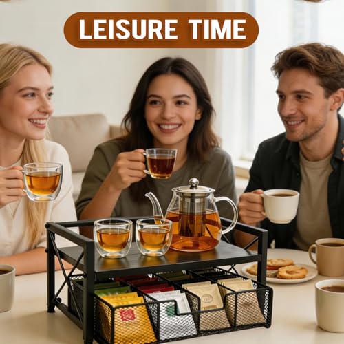 Tea Bag Organizer With Adjustable Drawer, Teabag Bar Holder Organizer For Counter, Wood ＆ Metal Station Storage Chest Display, Coffee Packet Containers Box For Countertop Kitchen Office Black - color: Black