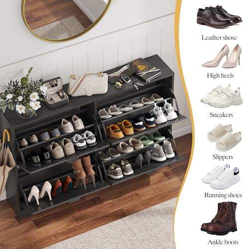 HUANLEGO Shoe Cabinet Storage for Entryway with 4 Flip Drawers, Black Fluted Shoe Cabinet with Adjustable Shelves, Wooden Hidden Shoe Rack Freestanding Narrow Slim Shoes Storage for Hallway, Entrance - color: Black, size: 4 Drawer without Bench