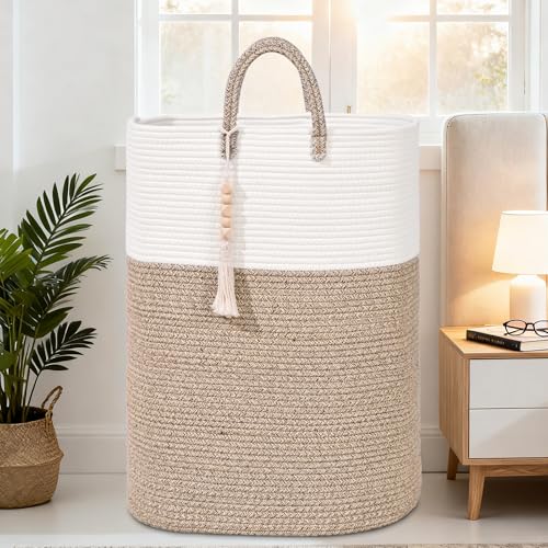 Woven Laundry Basket for Clothes, 80L Large Rectangle Laundry Hampers with Beads Tassel, Nursery Storage Basket for Toys, Tall Dirty Clothes Hamper for Bedroom Aesthetic, Laundry Room Organization - color: Brown, size: 80L