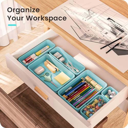 A-LuGei 【𝟮𝟴𝗣𝗖𝗦】 【𝟱𝗦𝗶𝘇𝗲】 BlueGreen Drawer Organizer, Makeup organizer, 【Holds 177 Items】 Bathroom Organizers and Storage, Plastic Desk Organizer Divider, Organizer Bins for Office Vanity - color: Light Blue