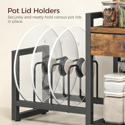 MAHANCRIS Countertop Shelf Organizer, Pots and Pans Organizer Rack, Pot Lid Holder with 1 Drawer, Pot Lid Organizer Holder with 2 Hooks, for Kitchen, Dining Room, Rustic Brown POHR2201 - color: Rustic Brown and Black