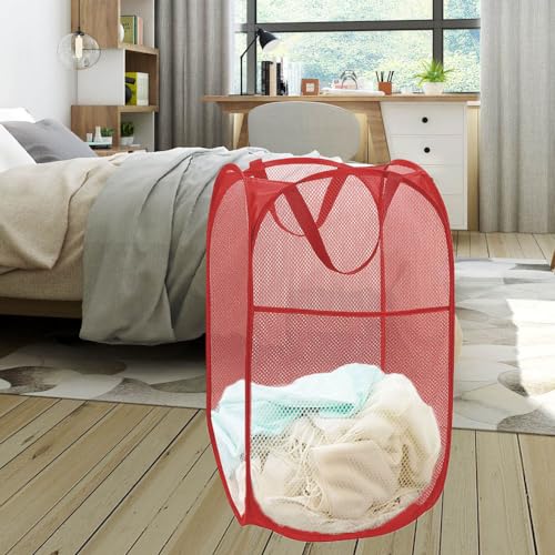 Pop up Hamper for Laundry, Collapsible Mesh Laundry Basket, Portable Foldable Clothes Hamper Storage Bin for Apartment, College Dorm or Travel, Red - color: Red