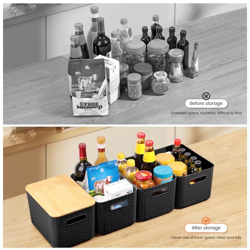 Ohmlove 4 Packs Storage Bins with Bamboo Lids - Plastic Storage Containers with Lids Stackable Storage Box: Storages Baskets for Organizing Desktop Closet Playroom Classroom Office, Black - color: Black