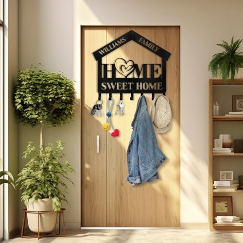 Personalized Key Holder for Wall | Sweet Home Key Holder Wall Mounted | Black Metal Key Hanger Wall Decorative | Housewarming Gifts | Key Rack Organizer for Living Room, Bedroom, Entryway - color: 05 Home