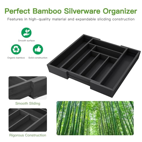Pipishell Bamboo Expandable Drawer Organizer for Utensils Holder, Adjustable Cutlery Tray, Wood Drawer Dividers Organizer for Silverware, Flatware, Knives in Kitchen, Bedroom, Living Room (Black) - color: Black, size: Large