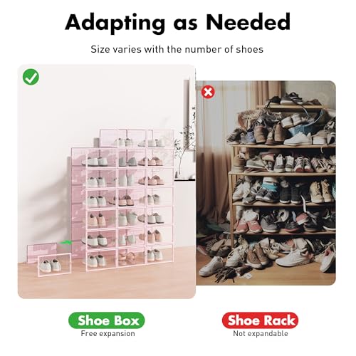 Foluck Shoe Storage Box, 15 Pack Clear Plastic Stackable Shoe Organizer for Closet, Interlocking Design Shoe Container Bins for Sneakers, Foldable Shoe Rack with Lids, Pink - color: Pink
