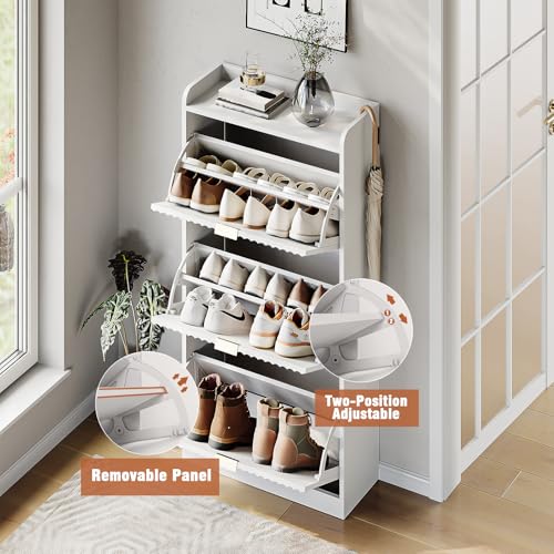 White Fluted Shoe Cabinet with 3 Flip Drawers, Narrow Shoe Storage Cabinet for Entryway, Freestanding Shoes Rack Organizer Cabinets with Adjustable Shelves for Entryway, Hallway - color: White, size: 3-Drawers