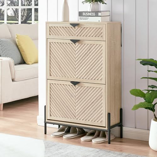 Shoe Cabinet Storage with 2 Flip Drawers, Narrow Hidden Shoes Cabinet Organizer for Entryway, Freestanding Slim Shoe Rack Front Door Entrance(Oak) - color: Oak, size: Medium