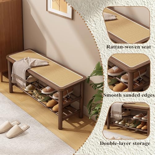 Bamboo Shoe Rack Bench with Rattan Seat, 3-Tier Shoe Storage Bench, Entryway Bench for Hallway Walnut-23.62 inches - color: Walnut, size: 23.6 inch