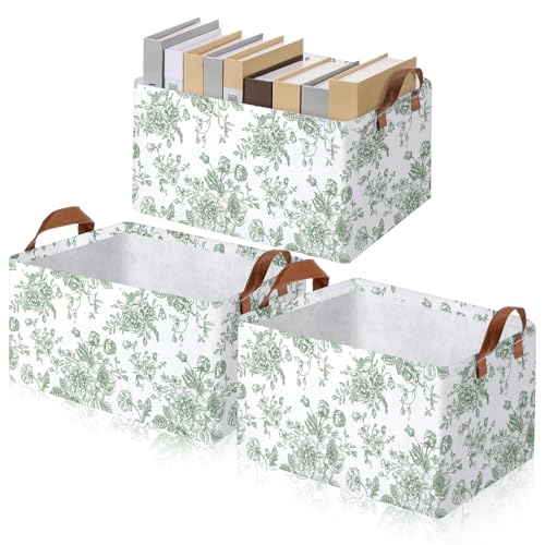 Boao 3 Pcs Sage Green Floral Storage Bin Collapsible Large Storage Baskets for Gifts Canvas Laundry Basket Foldable Box with Handle for Office Home Bedroom Clothes - style: Green Flower