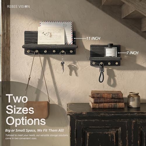 Rebee Vision Pine Wood Key Holder Wall Mount – Chic 11-Inch Key Holder for Wall with 6 Hooks & Floating Shelf - Elegant Hanging Shelf Accent for Rustic Farmhouse Home Decor (Old Black) - color: OldBlack, size: Medium-11inch