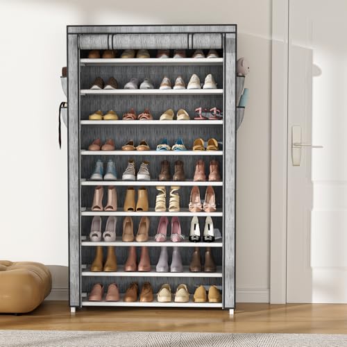 VILICK Shoe Rack with Cover Narrow Shoe Organizer with Pockets 10 Tier Tall Shoe Storage Holds 36-41 Pairs Shoes and Boots Shoe Rack for Closet Entryway Garage, Printing - color: Printing, size: 10 Tiers-34.6" Wide