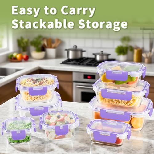 HOMBERKING 8 Pack Glass Food Storage Containers with Lids, Meal Prep Containers, Airtight Bento Boxes with Leak Proof Locking for Microwave, Oven, Freezer and Dishwasher, BPA Free, 5-35oz, purple - color: Purple