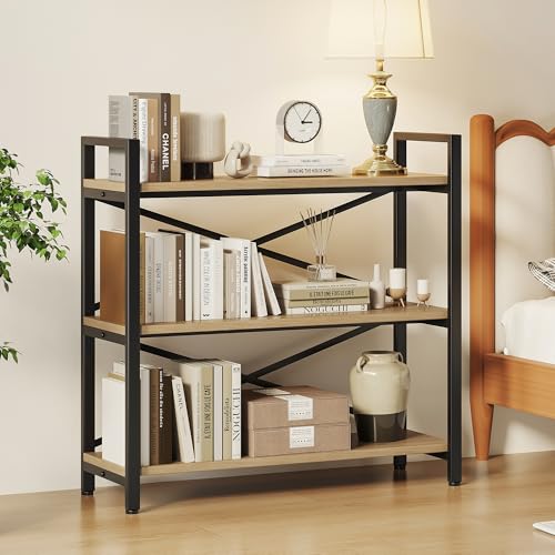 Homeiju 3 Tier Bookshelf 31.49" Width, Wood and Metal Etagere Bookcase, Vintage Farmhouse Modern Wooden Big Book Shelf for Home Living Room Bedroom Office Storage(Light Coffee) - color: Light Coffee, size: 3 Tier - 31.5" W