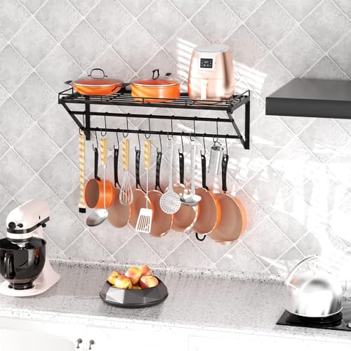 OROPY 31 Inch Wall Mounted Pot Rack Storage Shelf with 2 Tier Hanging Rails 14 S Hooks included, Ideal for Pans, Utensils, Cookware - Black - size: 31.5 Inch
