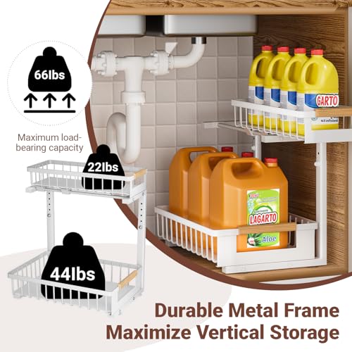 2 Pack Under Sink Organizer, 2 Tier Pull Out Cabinet Organizer with 5-Level Adjustable Height, Sliding Metal Storage Rack for Kitchen Bathroom Pantry, White - color: White-2 Pack