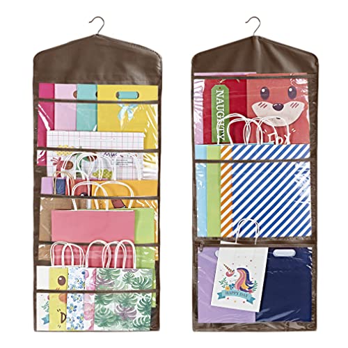 ProPik Hanging Double Sided Gift Bag Storage Organizer with Multiple Front and Back Pockets - Organize Your Gift Wrap, Tissue Paper, and Paper Bags 38 x 16 Inch PVC (Brown) - color: Brown