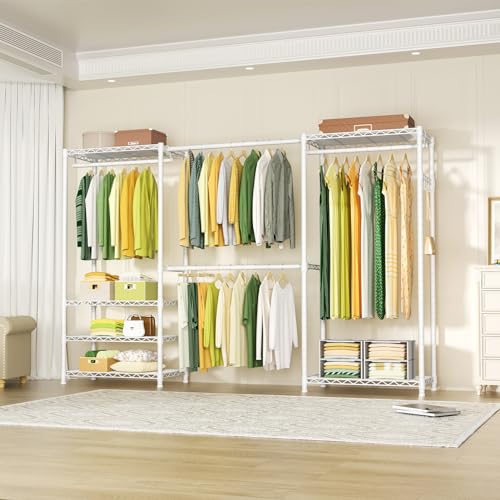 Ulif E1 Heavy Duty Closet Garment Rack, 6 Tiers Adjustable Metal Freestanding Expandable Clothing Storage with 4 Hanger Rods, Easy to Assemble Wardrobe, 71.4" H x (70" - 88.2") L x 14" D, White - color: White