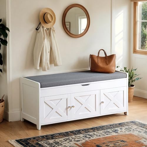 Pipishell 2-Tier Shoe Storage Bench with Cushioned Seat, Entryway Bench with Adjustable Shelf & Barn Doors, 300 lbs Capacity, 39.4" W x 16" D x 18" H, for Entryway, Bedroom, Living Room, White - color: White, size: 3 doors- 39.4" W x 15" D x 18" H
