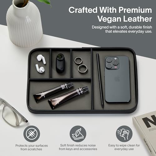 Nordik Leather Valet Tray - Pebble Black - 11.8x7.9 Inch Large Vegan Leather Tray - Stylish Nightstand Organizer for Men - Modern Bedside Caddy - EDC Catchall for Key Watch Wallet Jewellery - color: Pebble Black, size: 11.8in x 7.9in
