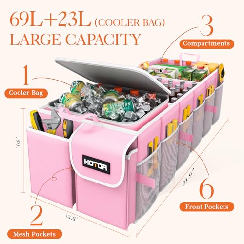 HOTOR Trunk Organizer, Sturdy Foldable with Cooler for Car & SUV, 3 Compartments, Pink, 30.90”×12.60”×10.63” - color: Pink, size: Large
