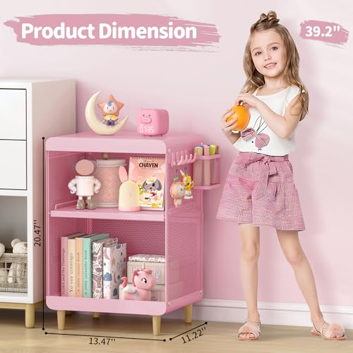 SYKIARIOL Kids Nightstand with Storage & Hooks, Cute Pink Bedside Table for Girls, Small Toddler Night Stand for Bedroom - color: Classic Pink