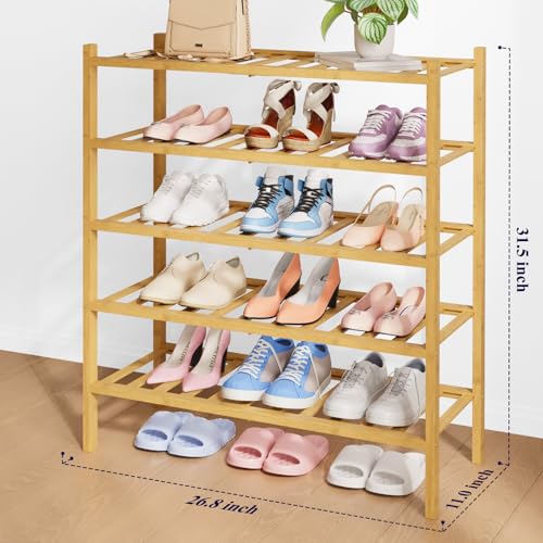 Kitsure Bamboo Wooden Shoe Rack for Closet - Stackable Shoe Organizer with Modular Structure, Space-Saving Shoe Shelf for Entryway, Living Room, Bedroom, 26.8" Wide - 5 Tiers, Natural - color: Nature, size: 26.8"Wide - 5 Tiers
