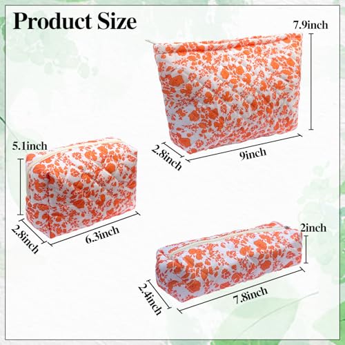 3 Piece Orange Quilted Floral Makeup Bag Set Small Cosmetic Bag For Women Cute Cotton Makeup Pouch For Purse - color: New 3Pcs orange